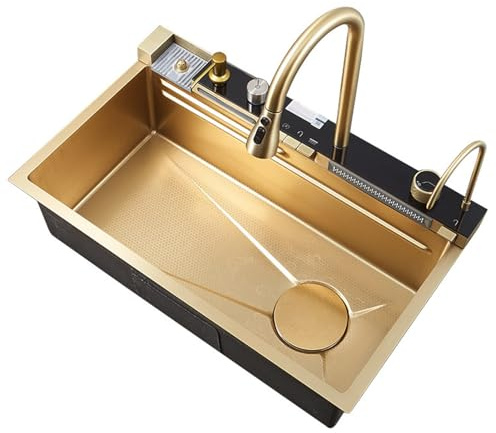 Gold Kitchen Sink Smart Multifunctional Waterfall Kitchen Sink 304 Stainless Steel Digital Display Sink With Integrated Faucet