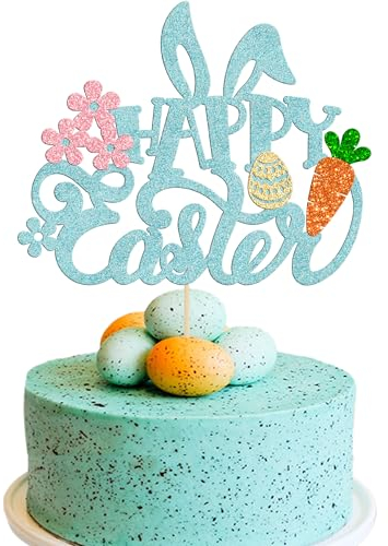 Gyufise 1 Pack Happy Easter Cake Topper Glitter Bunny Ear Cake Pick Decorations for Happy Easter Spring Themed Baby Shower Kids Birthday Cake Decoration Party Supplies Blue