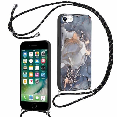 Foonary Coque pour Apple iPhone 8/7/SE 2022/SE 2020 4,7 avec Cordon, Cute Aesthetic Motif Réglable Collier Housse, Silicone étui Bumper Protection Case avec Corde Lanyard pour iPhone SE 3, Marbre 05