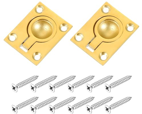 QUARKZMAN 2 Stück Einlassringgriff 1,89 Zoll x 1,5 Zoll Messingfarben | Rechteckiger versenkbarer Türgriff, Edelstahl, Mit Schrauben, Für Möbel Boot