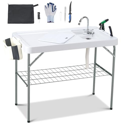 Dragosum Mesa de limpieza de peces portátil para fregadero al aire libre, mesa de camping con manguera de grifo, estante de rejilla, filete de pescado, mesa de fregadero de camping con kit de limpieza
