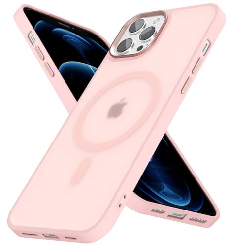 Oakxco für iPhone 12 Pro Max Hülle mit Magsafe, Durchsichtig Matt Handy Hülle Dünn Induktives Laden Magnetisch Handyhülle Slim, Glatt Klar Hart Plastik & TPU Bumper Bunt Silikon Schutzhülle, Rosa Pink