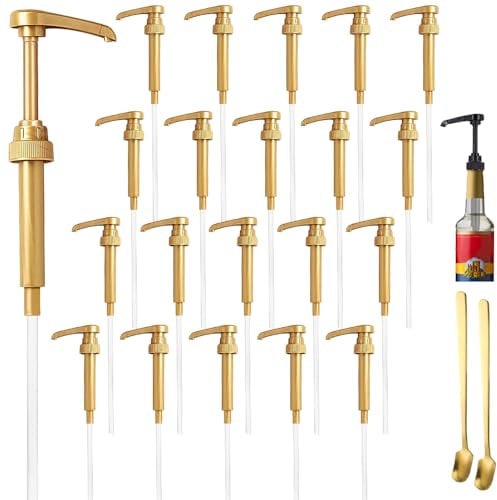 20 Pcs Gold Syrup Pump Dispenser, Compatible with 25.4 Oz/750ml Bottles, Great for Home & Coffee Bar Drinking Mixes, Tea, Beverage, Cocktails, Free Spoons