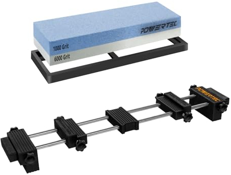 POWERTEC 72201 Schleifstein und Halter-Set, Spülenbrückensteinhalter mit doppelseitiger Körnung 1000/6000 und rutschfester Gummibasis