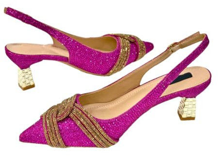 Set di scarpe e borsa da donna con cristalli brillanti per festa di nozze, Un Paio Scarpe Fucsia, 44.5 EU