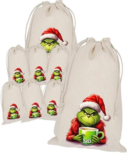 Grinch Adventskalender zum Befüllen, 24 Stoffbeutel, Bedruckt 20x15 Groß, Weihnachten Geschenksäckchen, Säckchen, DIY Selber Befüllen, Weihnachtskalender