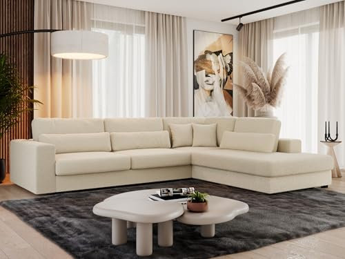 MKS MEBLE Ecksofa Sofa L-Form Beige Boucle, Wohnlandschaft L-Form, Couch L Form, Sofagarnitur Couchgarnitur Polsterecke, Breite: 316 cm - Savona L - Beige Boucle - Rechts