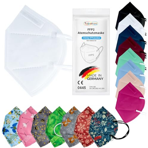 TubeRoo FFP2 Maske Weiß 20 Stück Masken aus Deutschland, Made in Germany, weiche runde Ohrschlaufen Bänder, Atemschutzmaske, Mundschutz, Schutzmaske, Staubmaske, Feinstaubmaske, Allergie Pollen