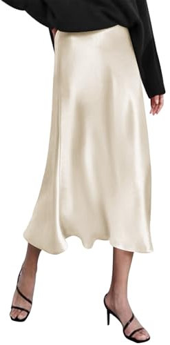 Zeagoo Damen Casual Satin Longrock Elastische Taille Reißverschluss Satinrock Klassische Einfarbige Seidige Midirock Cremefarben XS