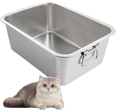LDXDRU 16 x 12 x 6 Inch Cat Litter Tray, Stainless Steel Litter Box with Handle, Rabbit Litter Tray Metal Litter Pan for Cats Rabbits, Rustproof & Easy to Clean