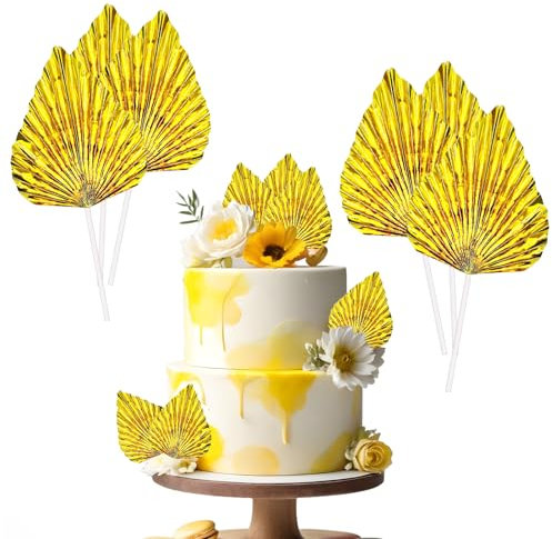 Bliceon 6 Pcs Gold Palm Leaf Fans Cake Toppers - Tropical Palm Leaf Cupcake Picks and Decorations for Baby Showers, Weddings, Birthdays, DIY Crafts - Party Supplies