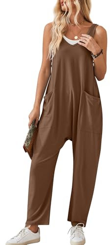 Tuta casual da donna in maglia di velluto a coste con tasche, salopette, salopette solida senza maniche con pettorina, pantaloni a gamba larga e con spalline, marrone XL.