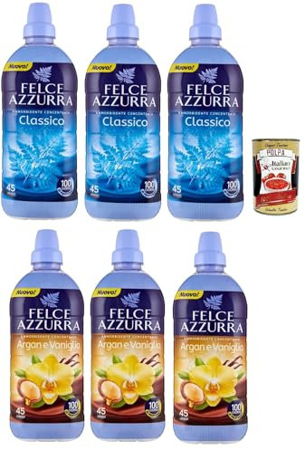 Felce Azzurra Ammorbidente Concentrato Testpaket Classico und Argan e Vaniglia, Konzentrierter Weichspüler aus Argan und Vanille und Classic 6x 900 ml + Italian Gourmet polpa 400g