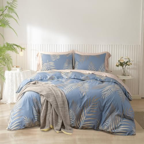 YASMENG Bettwäsche 200x220 Gold Blau Blätter Bettwäsche Gold Blätter Motiv Modern Elegant Bettbezug Set Weich Mikrofaser Blätter Gold Bettwäsche 3 Teilig mit Reißverschluss und 2 Kissenbezüge 80x80 cm