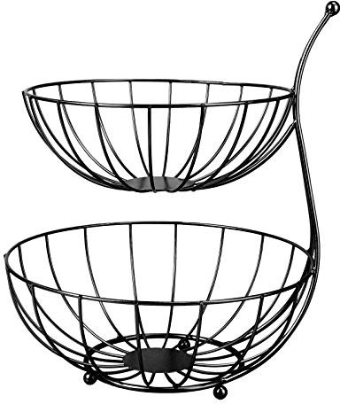 Metal Fruit Basket Fruit Etagere Fruit Bowl Fruit Basket 2 Tier with Banana Holder for Vegetables Fruit Snacks Bread Display Stand Kitchen Decoration-Schwarz