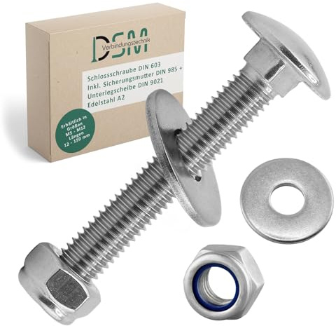 DSM – Schlossschrauben M8 x 70 mm SET DIN 603 – je 25 Stück Edelstahl A2 | inkl. M8 Sicherungsmuttern DIN 985 & Unterlegscheiben DIN 9021 [TrueSpec] Vollgewinde Flachrundkopfschrauben Torbandschrauben