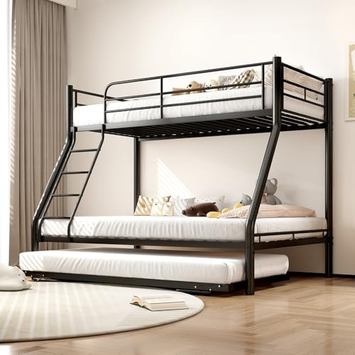 Cenbunsh Bett 90 & 140 x 190 cm, Metall-Etagenbett für Jugendliche und Erwachsene, Etagenbett für 3 Personen, mit Leiter und Geländer (Schwarz-Ziehbank)