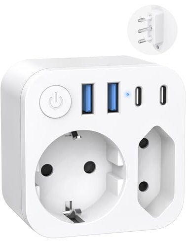 Prise de Courant de l'Allemagne vers l'Italie avec 4 USB (2 Type C), Adaptateur de Voyage à 2 Compartiments pour l'Italie, fiche de Voyage Schuko à Type L, Blanc