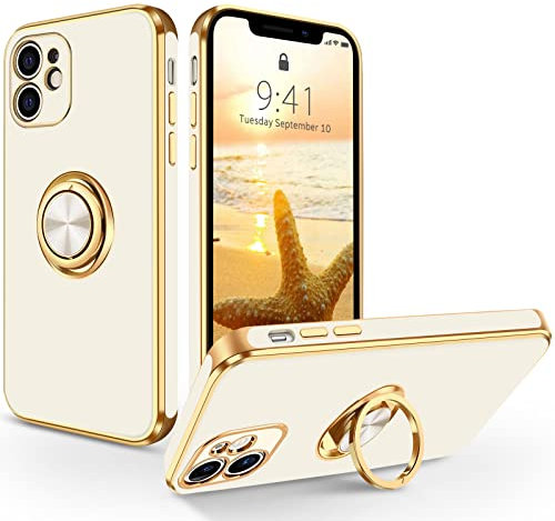 SouliGo Cover Compatibile con iPhone 11，Silicone TPU Morbida, Antiurto, Fodera in Microfibra Antigraffio, Con Supporto ad Anello a 360 Gradi, Custodia per iPhone 11 6.1”, Bianco