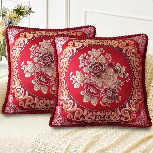MiGuoLeyu Kissenbezug 50x50 2er Set Doppelseitig Vintage Jacquard | Superweiche Atmungsaktiv Dekokissen Zierkissenbezug Für Wohnzimmer Schlafzimmer Balkon,Pflegeleicht Knitterfrei/Red