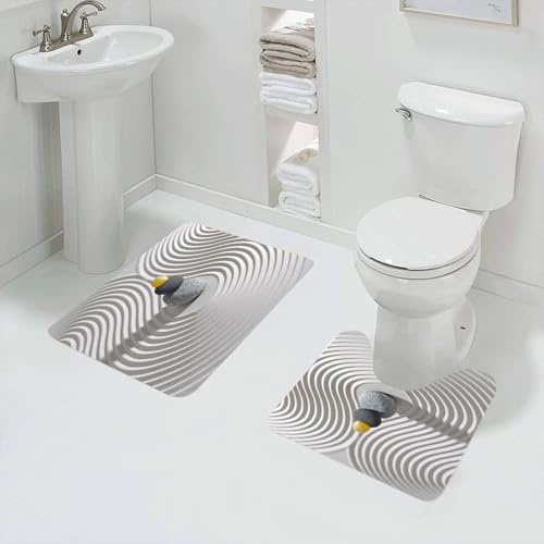 QRFASFZO 2 piece bath mat set Non-sliding bathroom cushion water absorption bathtub machine washable carpet toilet floor,Stacked stones and rake sand pattern, three pebbles on the tranquility of the