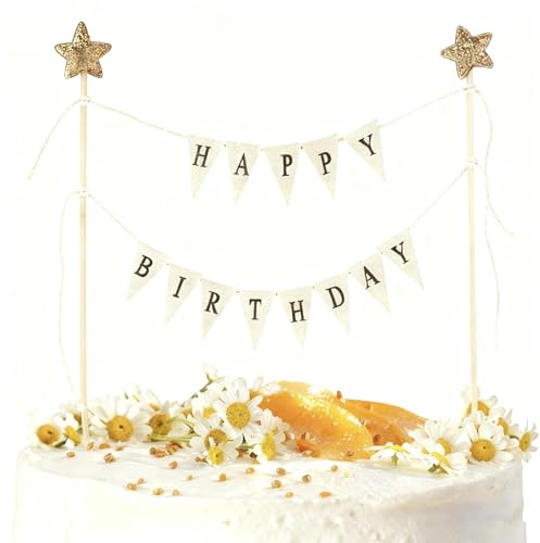 Aiyraa 2pcs Happy Birthday Cake Topper, Resuable Gold Cake Decorations, Flag Banner with Bling Stars Pennants for Cake, Food-Grade Paper Cake Flags, Custom Cake Toppers Birthday Personalised