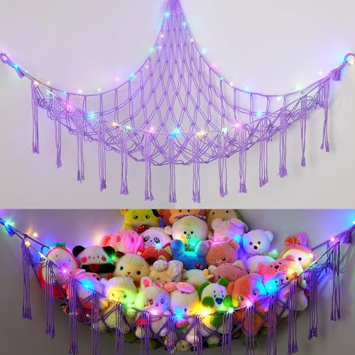 EllaSeek Toy Hammock for Stuffed Animals Large Soft Toy Storage Organizer with LED Lights, Corner Hanging Net Soft Cuddly Holder for Kids Girls Preppy Room Bedroom Nursery Playroom Decor