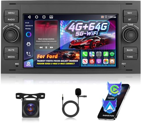 Android-Autoradio für Ford Transit Fiesta Focus Galaxy Mondeo Fusion Kuga C-Max S-Max Wireless Carplay & Android Auto, [4+64G] Autoradio mit GPS, WLAN, 32EQ, Bluetooth 5.0, FM/RDS-Radio