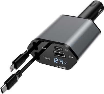 120W Zigarettenanzünder USB C Auto Ladegerät Adapter, 4 in 1 KFZ Schnellladegerät mit PD & QC3.0, LED Spannungsanzeige, USB-A & USB-C Autoladegerät für iPhone Samsung Xiaomi iPad