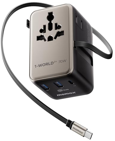 MOMAX Reiseadapter Weltweit mit Ausziehbarem Kabel, 70W GaN Travel Adapter Worldwide mit 2 AC 2 USB C and 2 USB A, 6-in-1 Universal Adapter für EU UK USA Japan