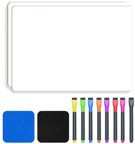 JEFURE Dry Erase Mini Whiteboard A4, 2 Pcs, Double-Sided | Wipe Board with 8 Markers and 2 Erasers, for Teaching, Learning, Writing, Drawing, Classroom, Home & Office