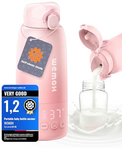 Wemoh Portable Milk Warmer for Travel - 450ml/15oz Bottle Warmer On-The-Go | 100W fast heating for breast milk & formula & water, precise temp control, self-clean function, 8 feeds per charge, rose