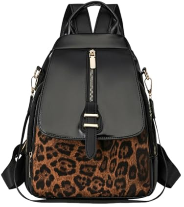 CORIOS Damen Leopardenmuster Rucksack PU Leder Schulrucksack Retro Schulranzen Umwandelbare Handtasche Schultasche Vintage Tagesrucksack Daypacks für Alltag Reise Beruf und als Geschenk Schwarz