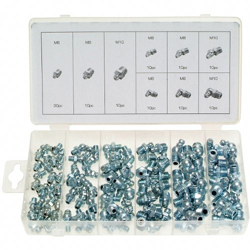 Schmiernippel Kegelnippel Hydraulik Fettnippel Sortiment für Schmierpressen M6 M8 und M10 in gerade 45 90° 110-tlg. (im Aufbewahrungsbox/Sortimentsbox)