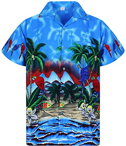 V.H.O. Funky Hawaii-Hemd, Herren, Kurzarm, Parrot, Blau, L