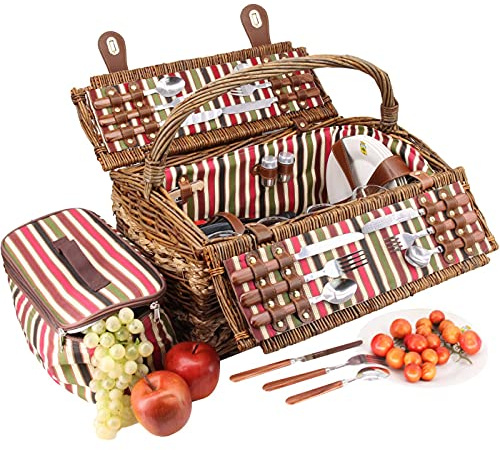 Les Jardins de la Comtesse - Picknickkorb Montmartre aus Weide - Komplett Für 4 Personen - Kühlfach - Keramikteller und Weingläsern - Gestreifter Stoff - 46 x 26 x 28 cm