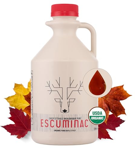 Sirop d'érable du Canada Certifié Biologique, Escuminac Grande Récolte, Cruchon 1 litre, Foncé Goût Riche 100% Pur – Traçable, et embouteillé à la ferme – Parfait pour Crêpes & Recettes