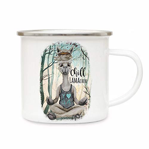 ilka parey wandtattoo-welt Emaillebecher Becher Tasse Camping Lama Yoga Spruch Chill Lamachen im Wald Kaffeetasse Geschenk Spruchbecher eb346