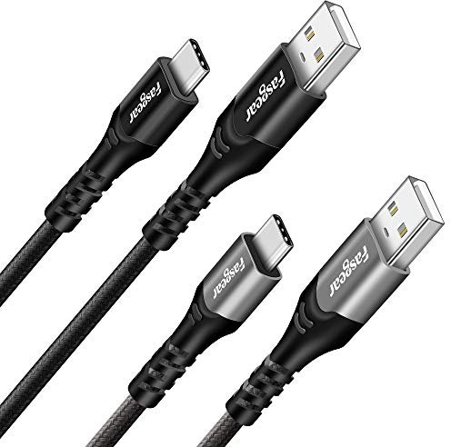 Fasgear Lot de 2 câbles USB de type C de 0,9 m – Câble de charge USB C en nylon tressé compatible avec Galaxy S10 S9 Moto G7 Oneplus 7pro Nokia 7.1 Sony Xperia L1 Huawei P20 Lite (noir, gris)