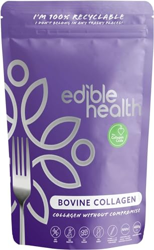 Edible Health Premium Collagen Powder. Types 1 and 3, Protein Peptides, 18 Amino Acids. 400g, Hydrolysed Bovine Collagen Supplements. Paleo, Keto, Kosher, Halal. 30 Day Supply. UK & EU Certified