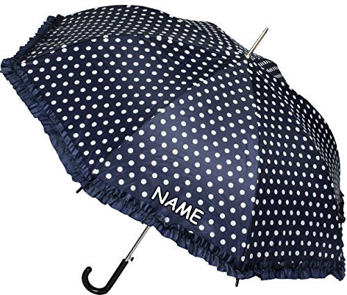 Automatik - großer - Regenschirm - Punkte - dunkel blau/Marine & weiß - mit Rüschen - Ø 104 cm - inkl. Name - für Erwachsene & Kinder - Stockschirm - groß m..