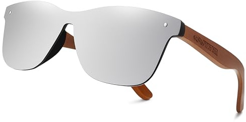 KINGSEVEN Holz Sonnenbrille für Herren und Damen I Unisex Polarisierte Sonnenbrille mit Holzbügeln aus Walnuss I UV400-Schutz I Modische Rahmenlose Spiegelgläser I Grau/Silber