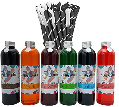 Sirop party set 6 x 250 ml + 40 pailles cuillères en papier pour slush, boissons | Faites vous-même de la glace fondante | Concentré de machine à granité 1:5, pas besoin d'ajouter de sucre