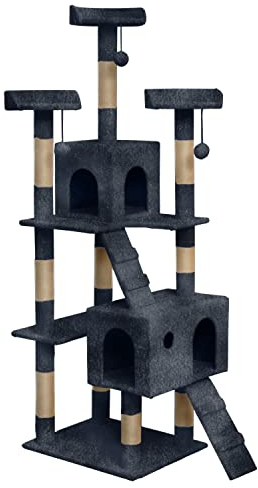 Intirilife Kratzbaum in Grau - 60 x 50 x 185 cm - Stabiler Katzenkratzbaum mehrstufiger Kletterbaum mit Aussichtsplattformen Höhlen Plüschbommeln und Sisal-Kratzstangen