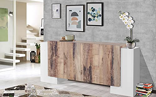 Dmora - Kommode Nando, Küchen-Sideboard mit 6 Türen, Wohnzimmer-Buffet, 100 % Made in Italy, 210 x 45 x 85 cm, glänzendes Weiß und Ahorn,