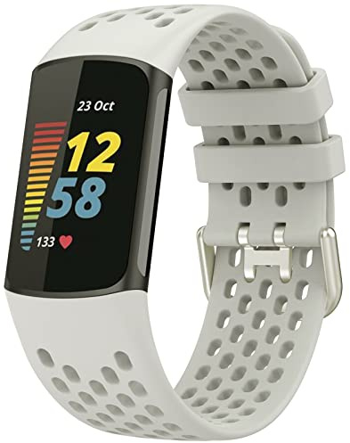 TopPerfekt Bracelet de Rechange pour Montre Fitbit Charge 6, Bracelet Réglable Sport en Silicone Souple pour Traqueur D'activité Charge 5 pour Homme et Femme (Lunaire Blanc)