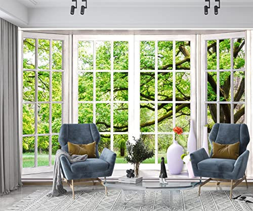 XAONUO Des Arbres Fond D'Écran Photo Effet 3D Vert Arbres Fenêtre 140X70Cm Papier Peint Panoramique 3D Tapisserie Intissé Murales Poster Décoration Murale Effet Trompe Loeil