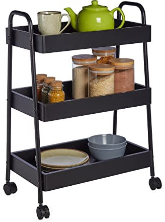 Relaxdays Rollwagen, 3 Ablagen, 4 Rollen, Allzweckwagen für Küche, Bad & Büro, HBT 70x46,5x28,5 cm, MDF & Stahl, schwarz