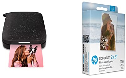 HP Sprocket Portable Photo Printer (Black Noirl) Instantly Prints ZINK 2x3 Sticky-Backed Photos & 2x3 Premium Zink Photo Paper (100 Sheets) Compatible with Sprocket Portable Photo Printer