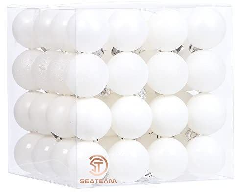 Sea Team 64-Pack Christmas Ball Ornaments with Strings, 40mm/1.57-Inch Medium Size Baubles, Shatterproof Plastic Christmas Bulbs, Hanging Decorations for Xmas Tree, Holiday, Wedding, Party, White